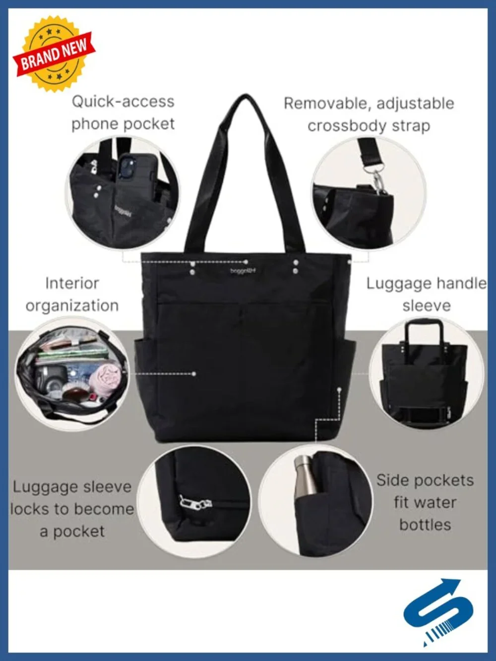 Nylon Carryall Tote with Luggage Sleeve, Machine Washable Travel Purse,